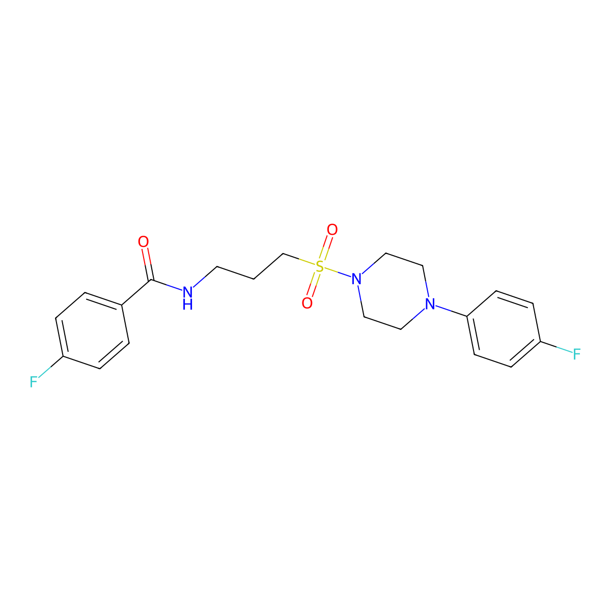 4-fluoro-N-(3-((4-(4-fluorophenyl)piperazin-1-yl)sulfonyl)propyl)benzamide molecular structure, CAS 1020981-35-4