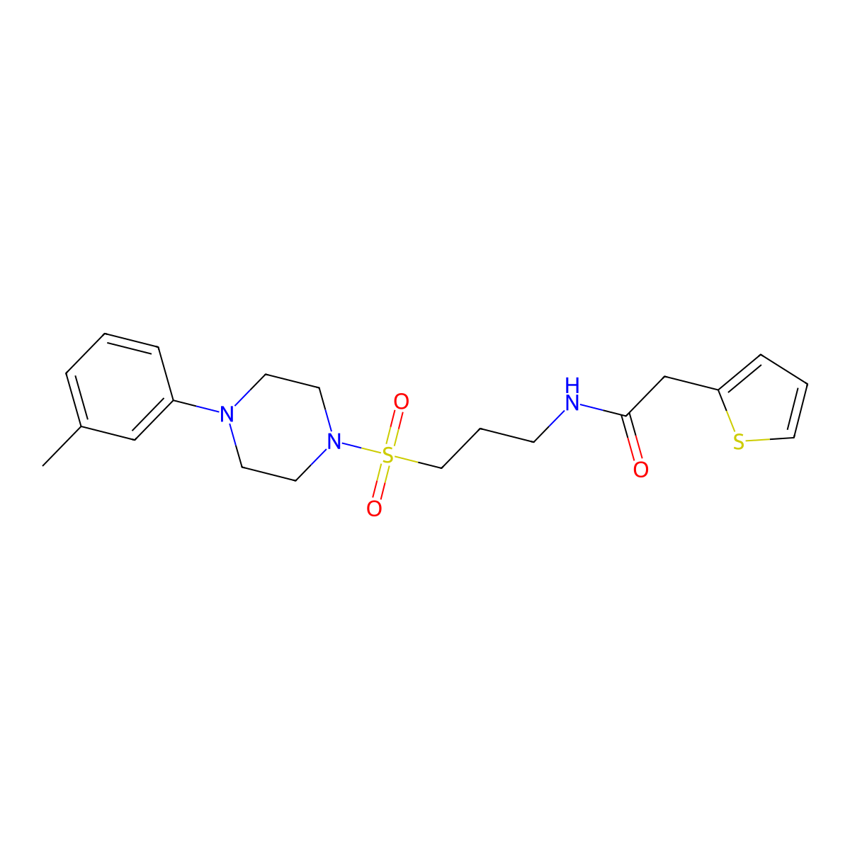 2-(thiophen-2-yl)-N-(3-((4-(m-tolyl)piperazin-1-yl)sulfonyl)propyl)acetamide molecular structure, CAS 1020982-67-5