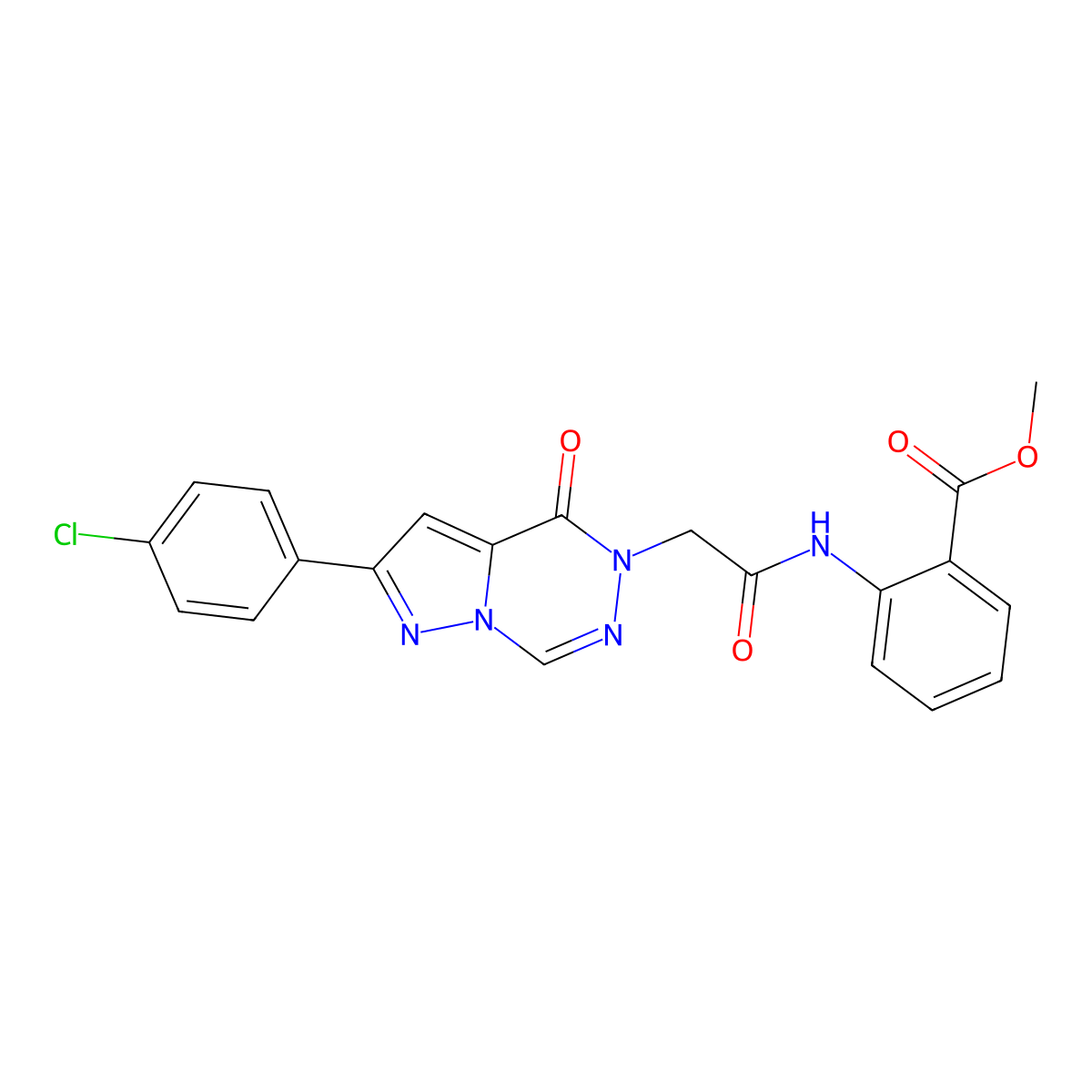 Methyl 2-(2-(8-(4-chlorophenyl)-(oxo)pyrazolo[1,5-d][1,2,4]triazin-1-yl)acetamido)benzoate molecular structure, CAS 1021020-59-6