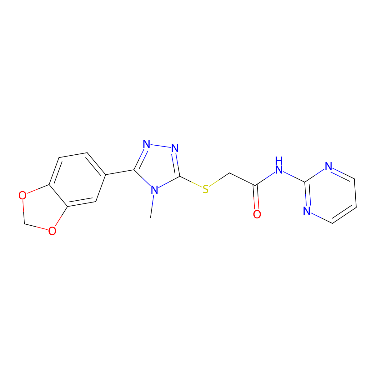 2-{[5-(1,3-benzodioxol-5-yl)-4-methyl-4H-1,2,4-triazol-3-yl]sulfanyl}-N-(pyrimidin-2-yl)acetamide molecular structure, CAS 1021021-29-3