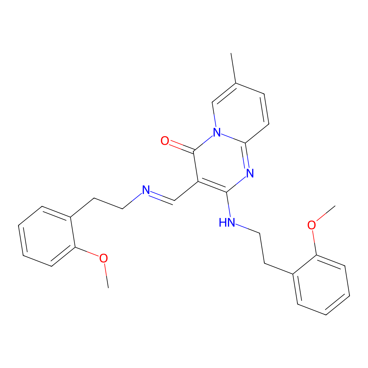(E)-2-((2-methoxyphenethyl)amino)-3-(((2-methoxyphenethyl)imino)methyl)-7-methyl-4H-pyrido[1,2-a]pyrimidin-4-one molecular structure, CAS 1021021-37-3