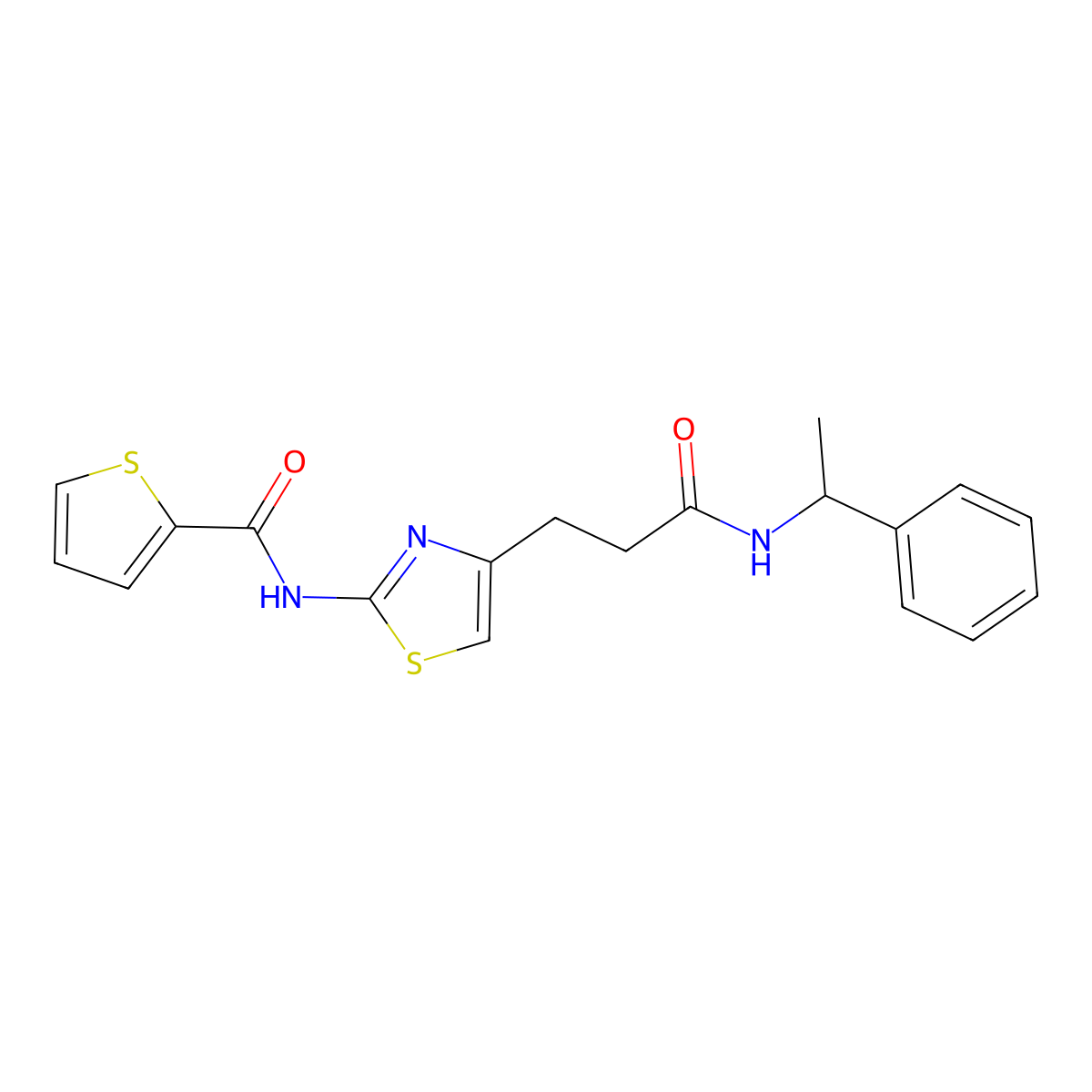 N-(4-(3-oxo-3-((1-phenylethyl)amino)propyl)thiazol-2-yl)thiophene-2-carboxamide molecular structure, CAS 1021022-86-5