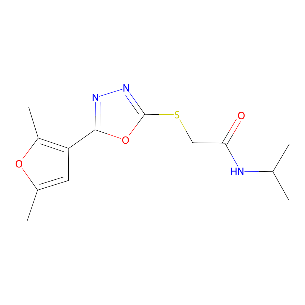 2-((5-(2,5-dimethylfuran-3-yl)-1,3,4-oxadiazol-2-yl)thio)-N-isopropylacetamide molecular structure, CAS 1021022-98-9