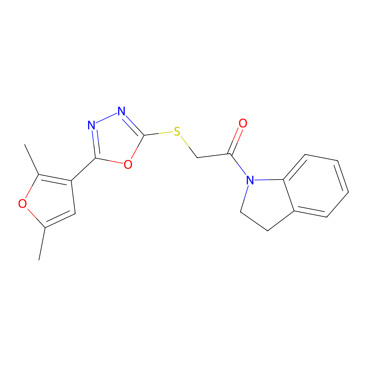 2-((5-(2,5-Dimethylfuran-3-yl)-1,3,4-oxadiazol-2-yl)thio)-1-(indolin-1-yl)ethanone molecular structure, CAS 1021023-00-6