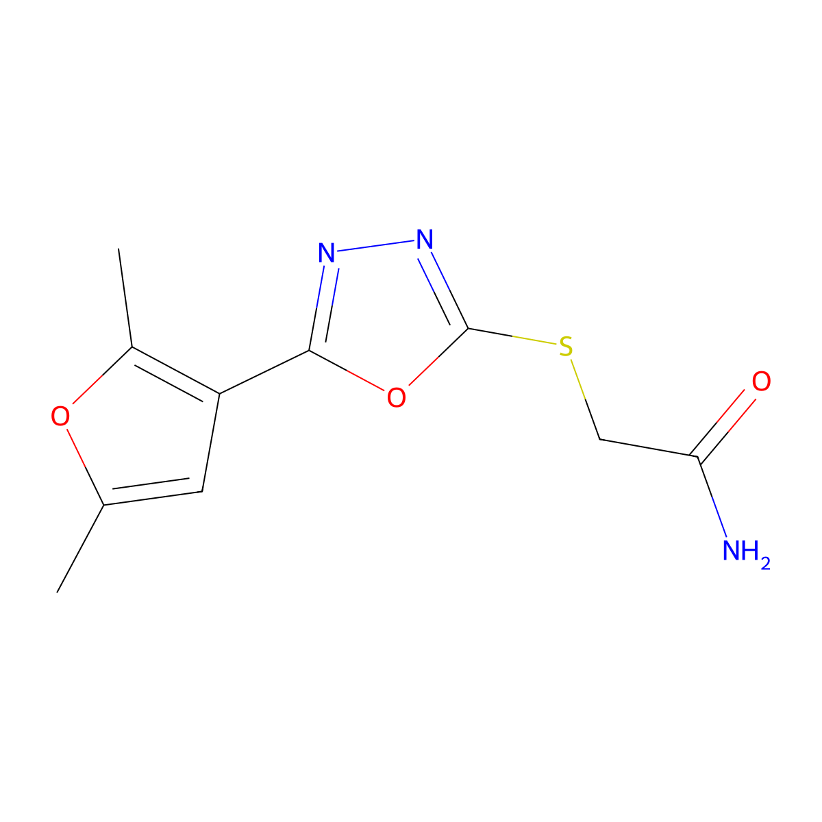2-((5-(2,5-Dimethylfuran-3-yl)-1,3,4-oxadiazol-2-yl)thio)acetamide molecular structure, CAS 1021023-03-9