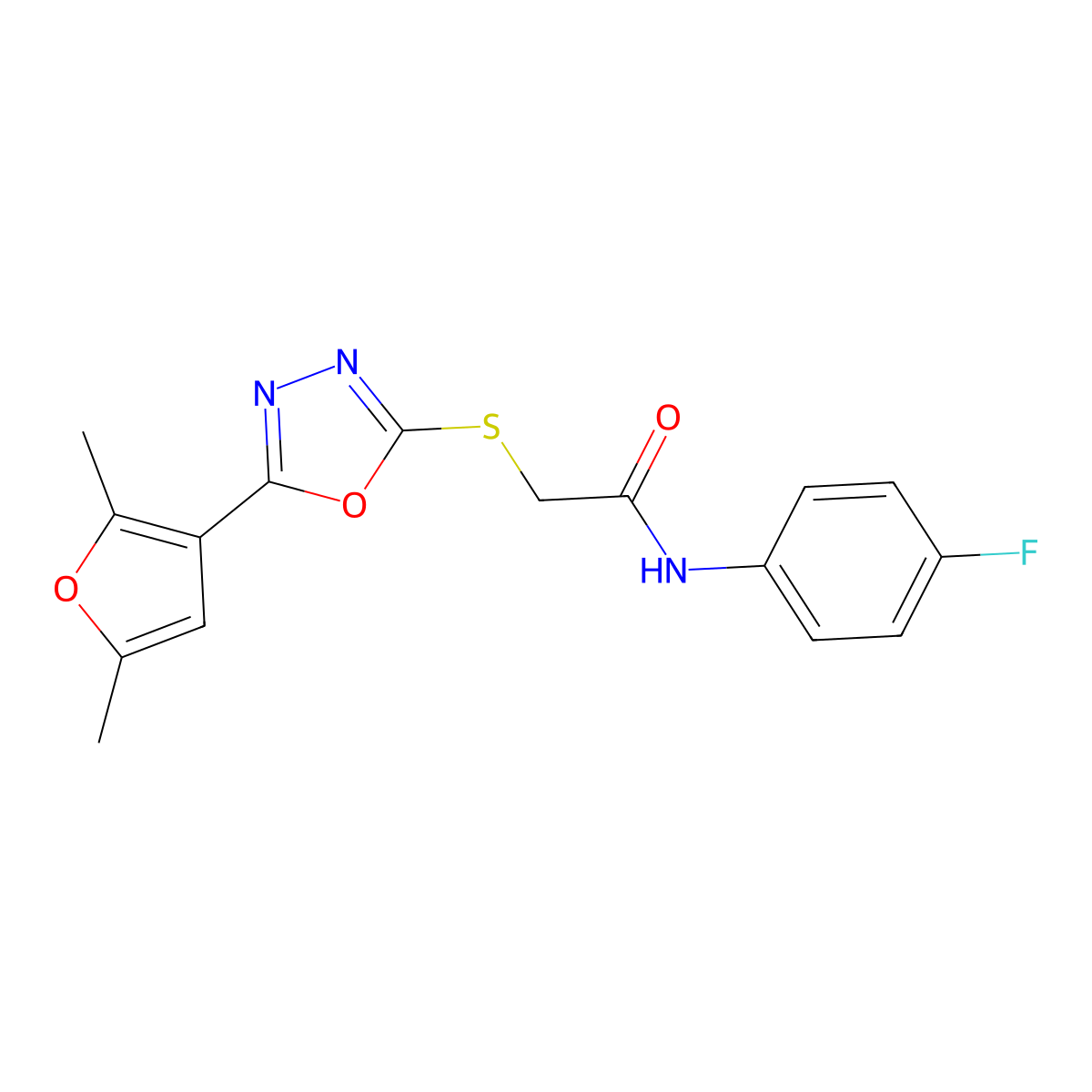 2-((5-(2,5-dimethylfuran-3-yl)-1,3,4-oxadiazol-2-yl)thio)-N-(4-fluorophenyl)acetamide molecular structure, CAS 1021023-04-0