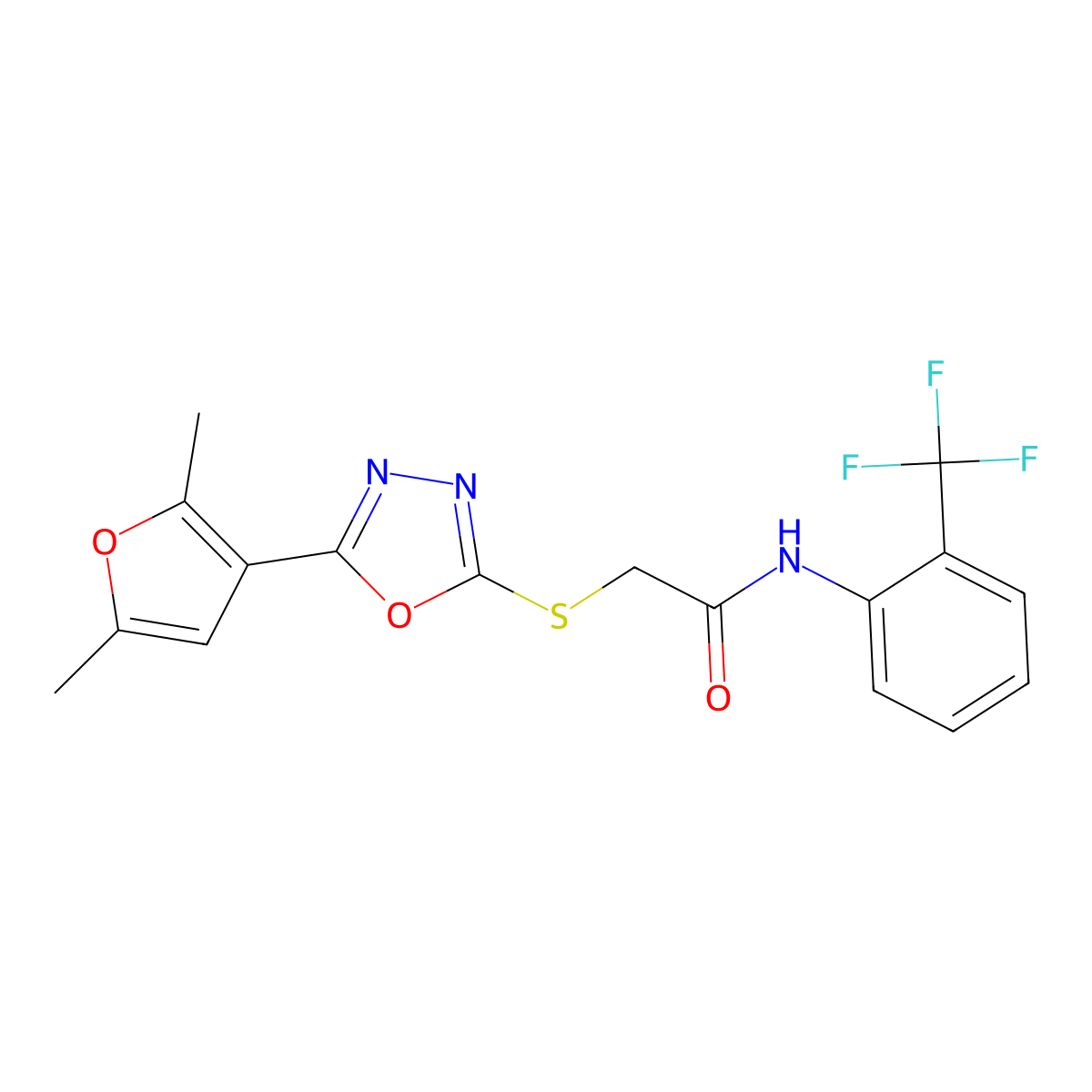 2-((5-(2,5-dimethylfuran-3-yl)-1,3,4-oxadiazol-2-yl)thio)-N-(2-(trifluoromethyl)phenyl)acetamide molecular structure, CAS 1021023-06-2