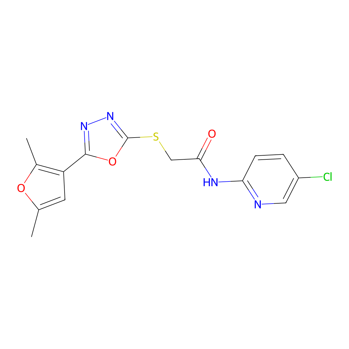 N-(5-chloropyridin-2-yl)-2-((5-(2,5-dimethylfuran-3-yl)-1,3,4-oxadiazol-2-yl)thio)acetamide molecular structure, CAS 1021023-08-4