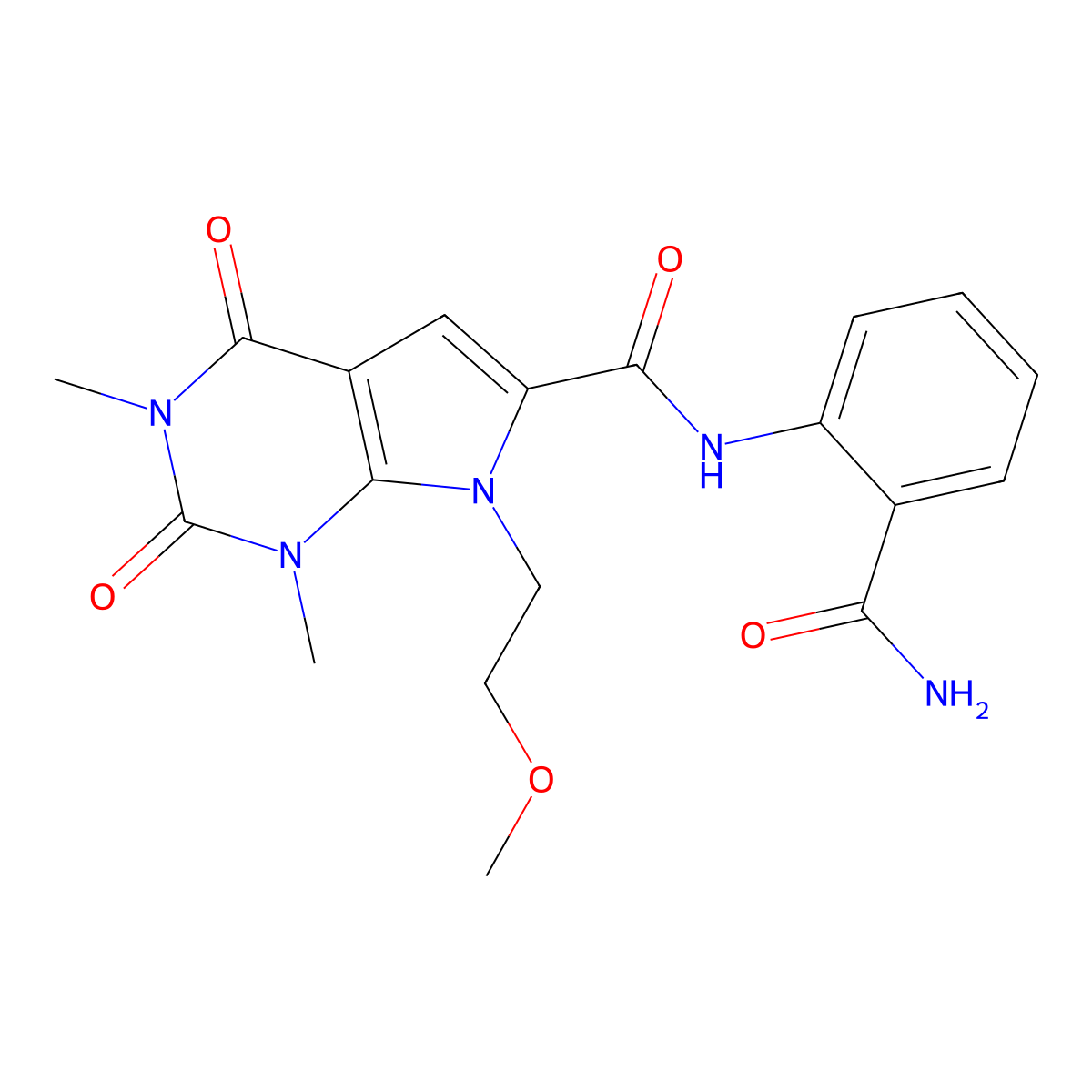 N-(2-carbamoylphenyl)-7-(2-methoxyethyl)-1,3-dimethyl-2,4-dioxo-2,3,4,7-tetrahydro-1H-pyrrolo[2,3-d]pyrimidine-6-carboxamide molecular structure, CAS 1021023-10-8