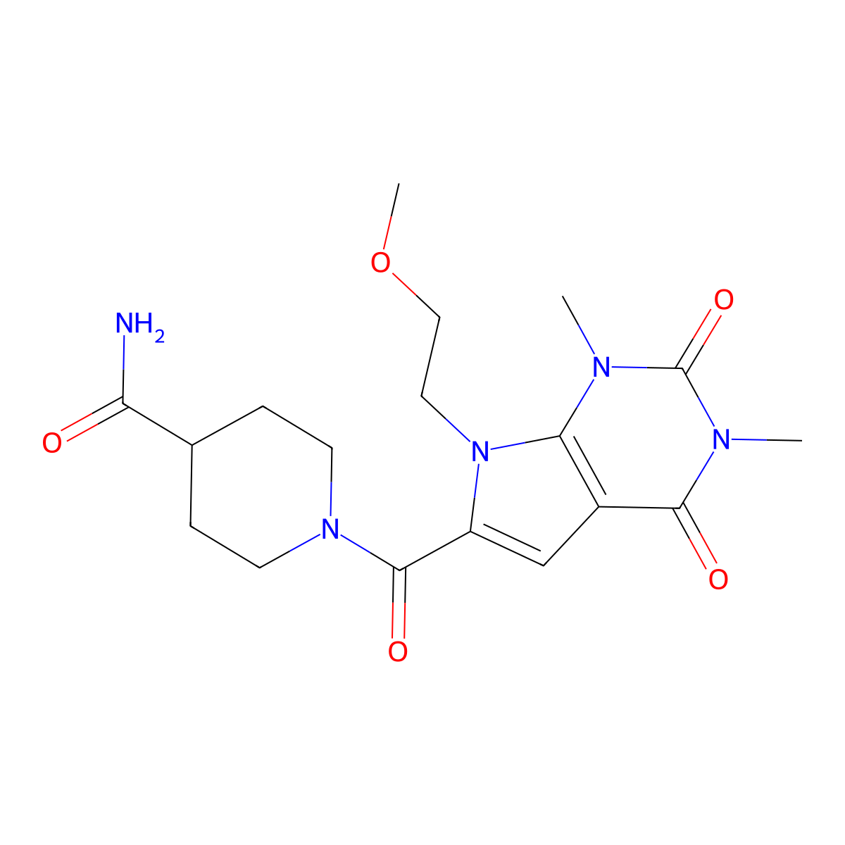 1-(7-(2-methoxyethyl)-1,3-dimethyl-2,4-dioxo-2,3,4,7-tetrahydro-1H-pyrrolo[2,3-d]pyrimidine-6-carbonyl)piperidine-4-carboxamide molecular structure, CAS 1021023-16-4