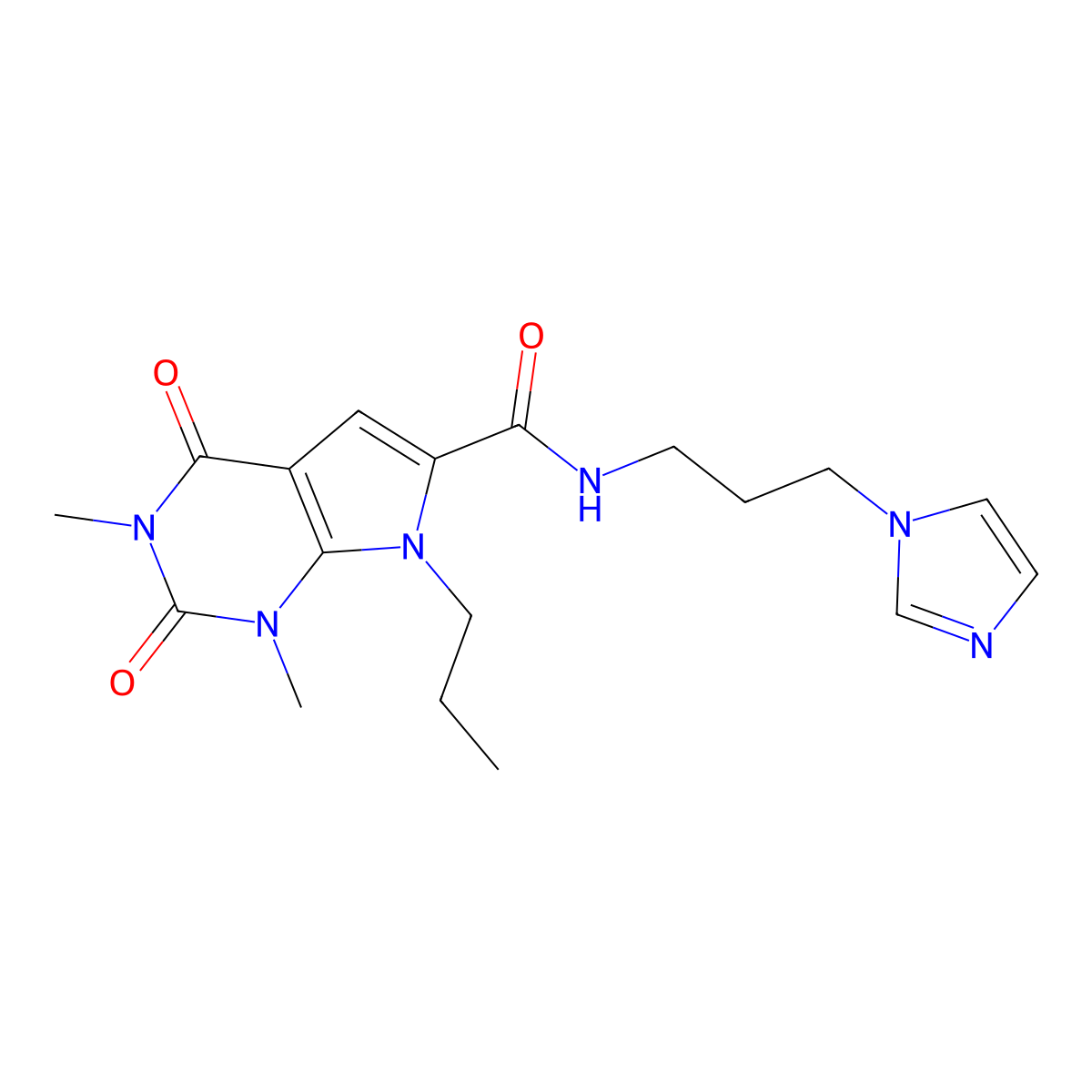 N-(3-(1H-imidazol-1-yl)propyl)-1,3-dimethyl-2,4-dioxo-7-propyl-2,3,4,7-tetrahydro-1H-pyrrolo[2,3-d]pyrimidine-6-carboxamide molecular structure, CAS 1021023-43-7