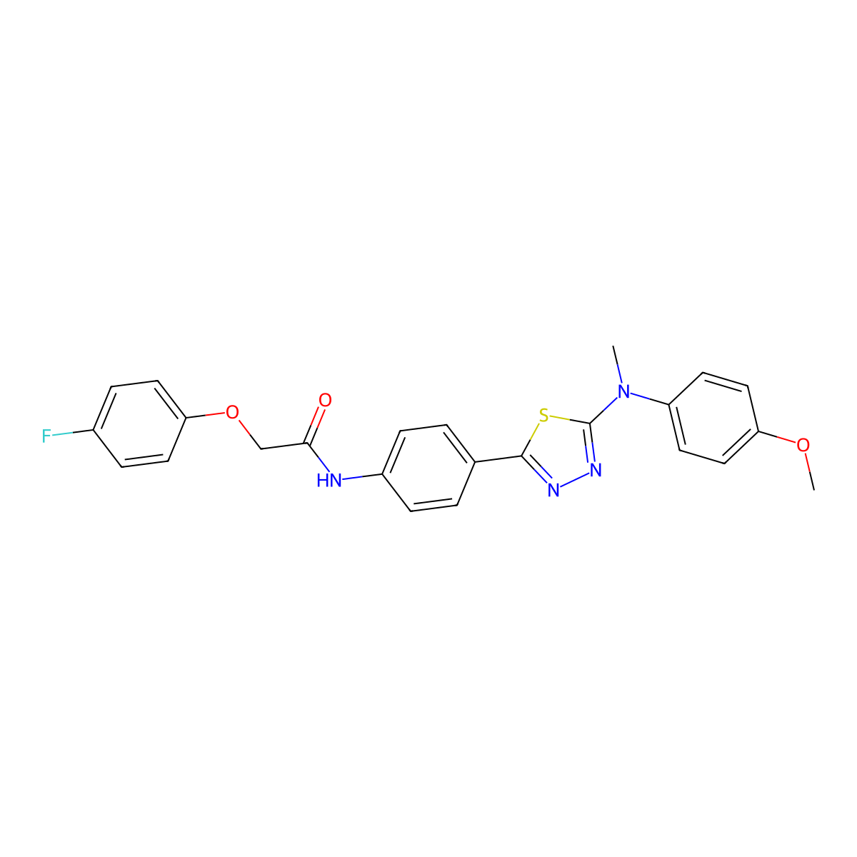 2-(4-fluorophenoxy)-N-(4-(5-((4-methoxyphenyl)(methyl)amino)-1,3,4-thiadiazol-2-yl)phenyl)acetamide molecular structure, CAS 1021023-65-3