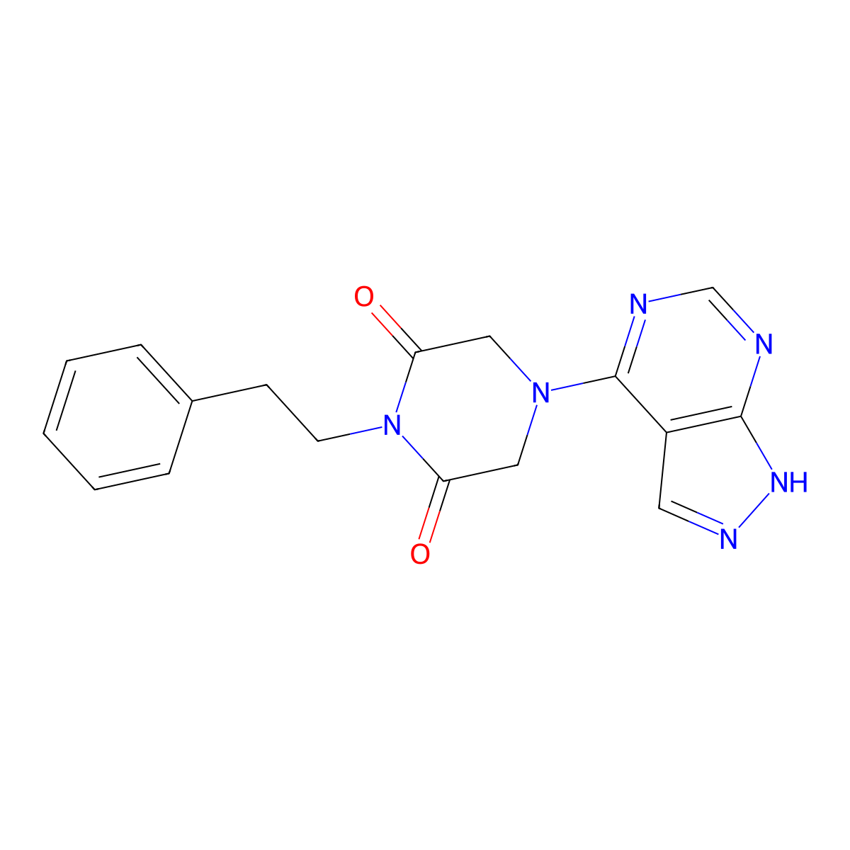 1-(2-phenylethyl)-4-(1H-pyrazolo[3,4-d]pyrimidin-4-yl)piperazine-2,6-dione molecular structure, CAS 1021023-71-1