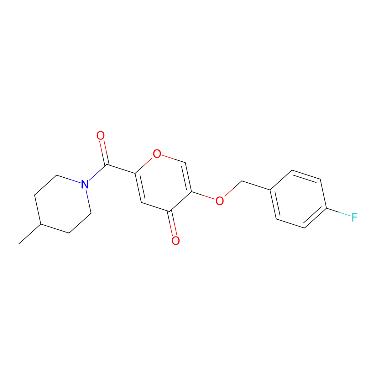 5-((4-fluorobenzyl)oxy)-2-(4-methylpiperidine-1-carbonyl)-4H-pyran-4-one molecular structure, CAS 1021024-14-5