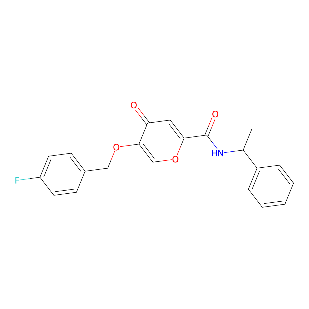 5-((4-fluorobenzyl)oxy)-4-oxo-N-(1-phenylethyl)-4H-pyran-2-carboxamide molecular structure, CAS 1021024-30-5