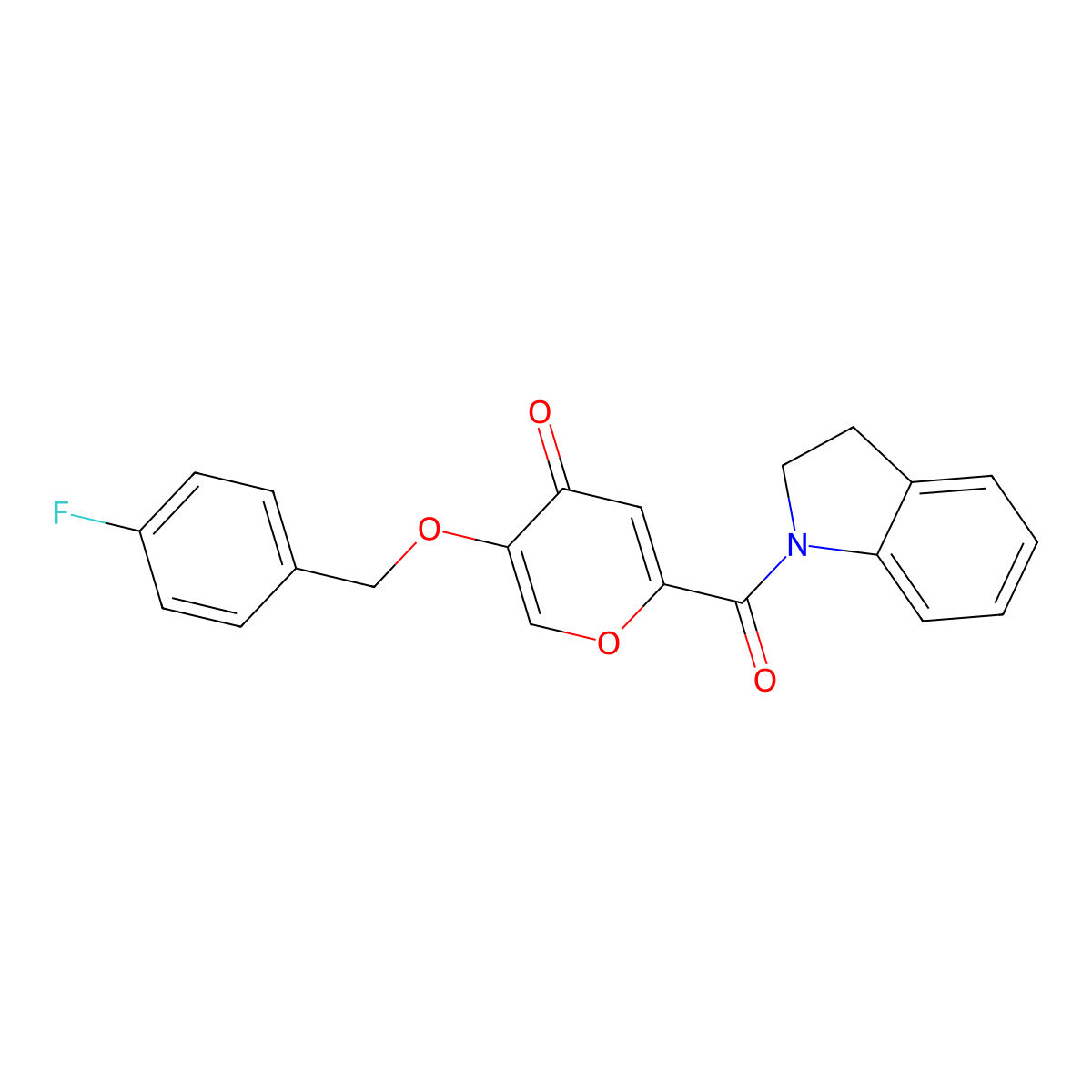 5-((4-fluorobenzyl)oxy)-2-(indoline-1-carbonyl)-4H-pyran-4-one molecular structure, CAS 1021024-37-2