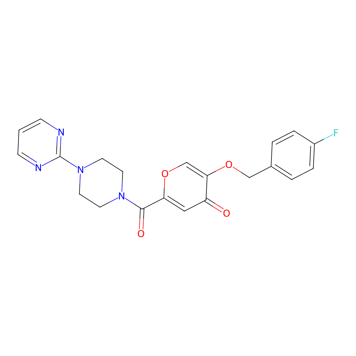 5-((4-fluorobenzyl)oxy)-2-(4-(pyrimidin-2-yl)piperazine-1-carbonyl)-4H-pyran-4-one molecular structure, CAS 1021024-47-4