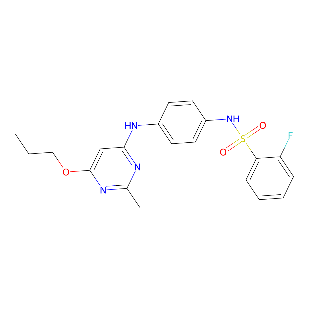 2-fluoro-N-(4-((2-methyl-6-propoxypyrimidin-4-yl)amino)phenyl)benzenesulfonamide molecular structure, CAS 1021024-58-7