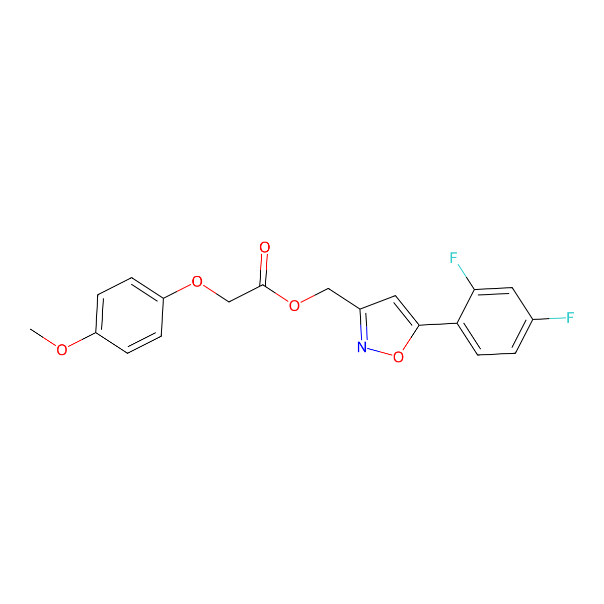 (5-(2,4-Difluorophenyl)isoxazol-3-yl)methyl 2-(4-methoxyphenoxy)acetate molecular structure, CAS 1021024-91-8