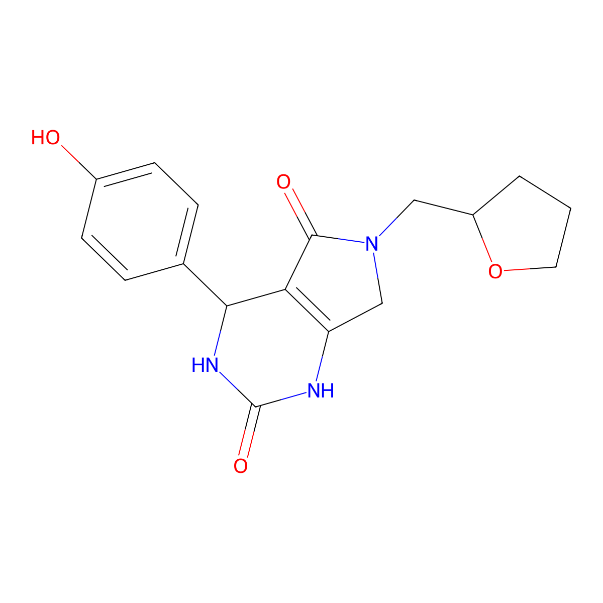 4-(4-hydroxyphenyl)-6-((tetrahydrofuran-2-yl)methyl)-3,4,6,7-tetrahydro-1H-pyrrolo[3,4-d]pyrimidine-2,5-dione molecular structure, CAS 1021024-99-6