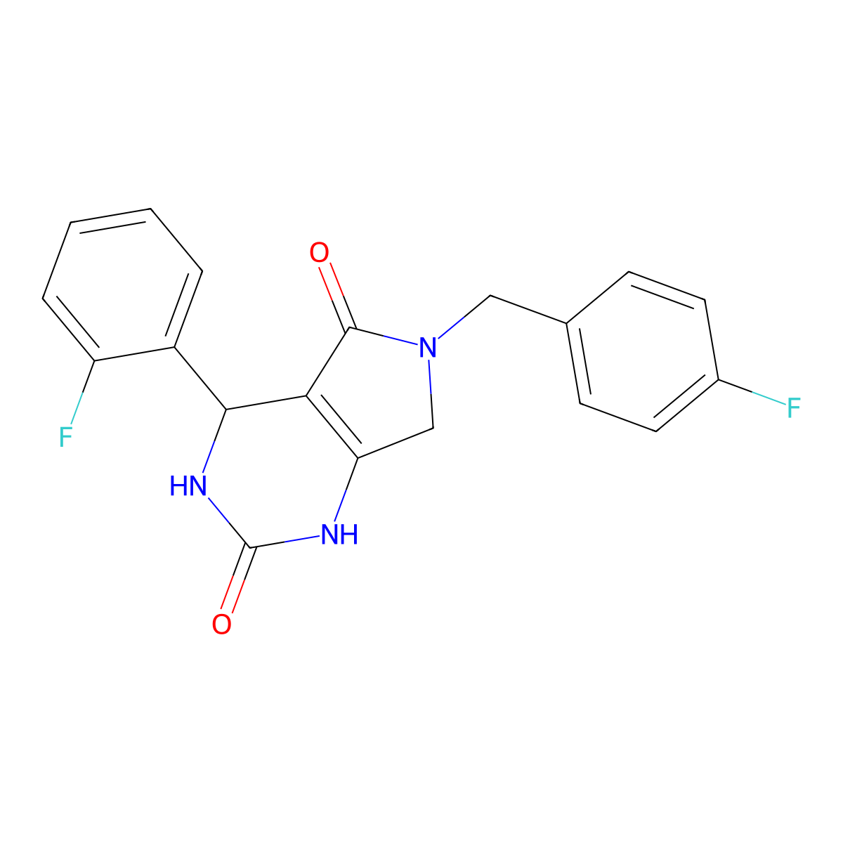 6-(4-fluorobenzyl)-4-(2-fluorophenyl)-3,4,6,7-tetrahydro-1H-pyrrolo[3,4-d]pyrimidine-2,5-dione molecular structure, CAS 1021025-05-7