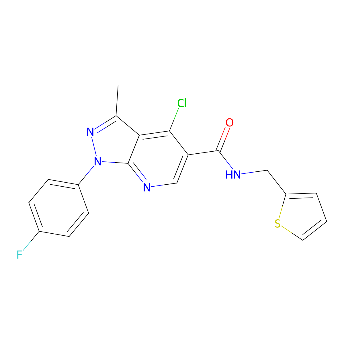 4-chloro-1-(4-fluorophenyl)-3-methyl-N-(thiophen-2-ylmethyl)pyrazolo[3,4-b]pyridine-5-carboxamide molecular structure, CAS 1021025-11-5