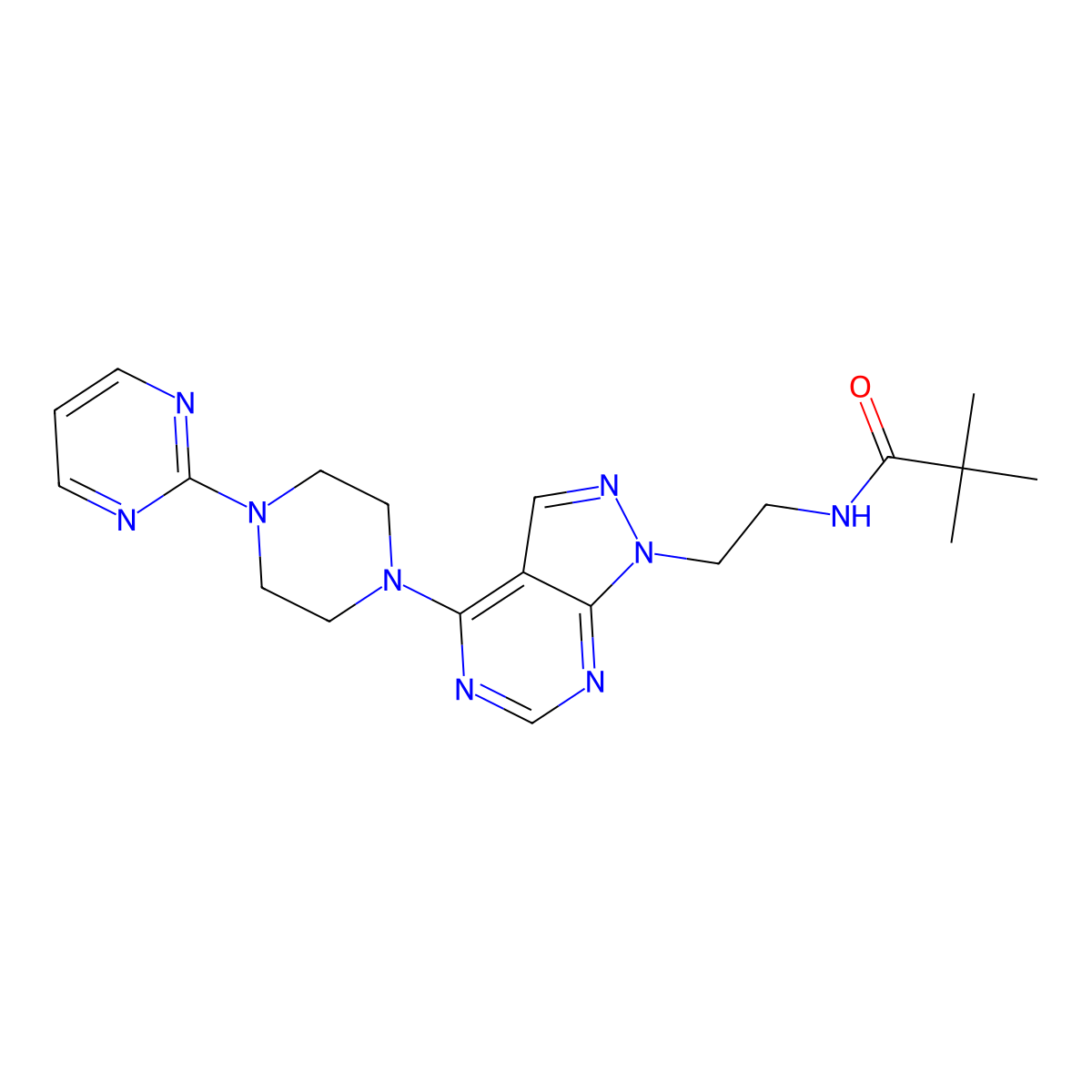 N-(2-(4-(4-(pyrimidin-2-yl)piperazin-1-yl)-1H-pyrazolo[3,4-d]pyrimidin-1-yl)ethyl)pivalamide molecular structure, CAS 1021025-22-8