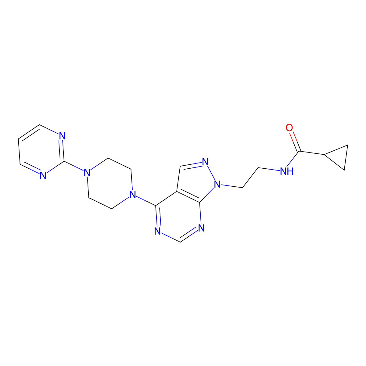 N-(2-(4-(4-(pyrimidin-2-yl)piperazin-1-yl)-1H-pyrazolo[3,4-d]pyrimidin-1-yl)ethyl)cyclopropanecarboxamide molecular structure, CAS 1021025-29-5