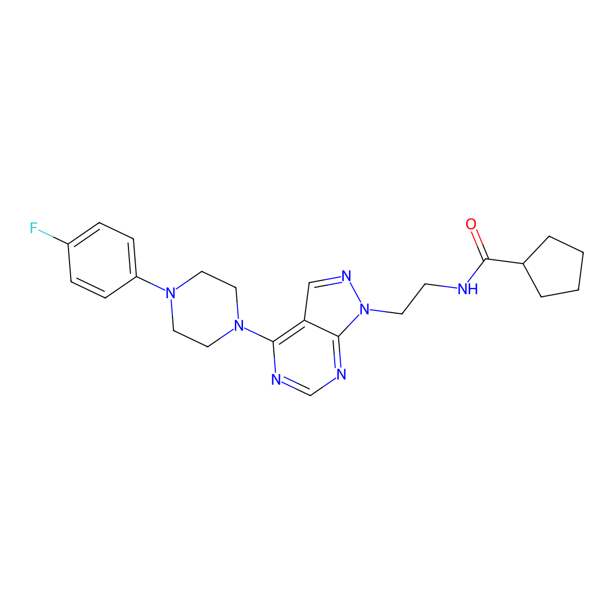 N-(2-(4-(4-(4-fluorophenyl)piperazin-1-yl)-1H-pyrazolo[3,4-d]pyrimidin-1-yl)ethyl)cyclopentanecarboxamide molecular structure, CAS 1021025-32-0