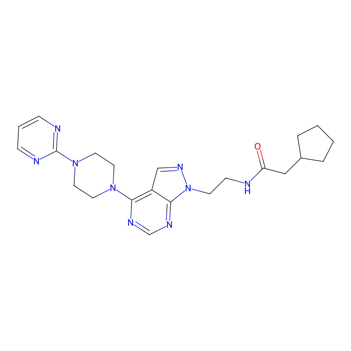 2-cyclopentyl-N-(2-(4-(4-(pyrimidin-2-yl)piperazin-1-yl)-1H-pyrazolo[3,4-d]pyrimidin-1-yl)ethyl)acetamide molecular structure, CAS 1021025-35-3