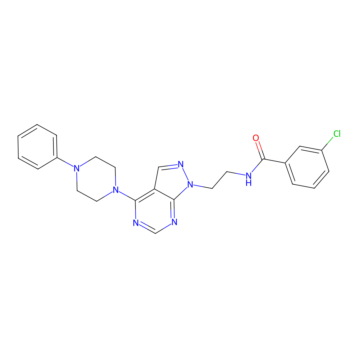 3-chloro-N-(2-(4-(4-phenylpiperazin-1-yl)-1H-pyrazolo[3,4-d]pyrimidin-1-yl)ethyl)benzamide molecular structure, CAS 1021025-42-2