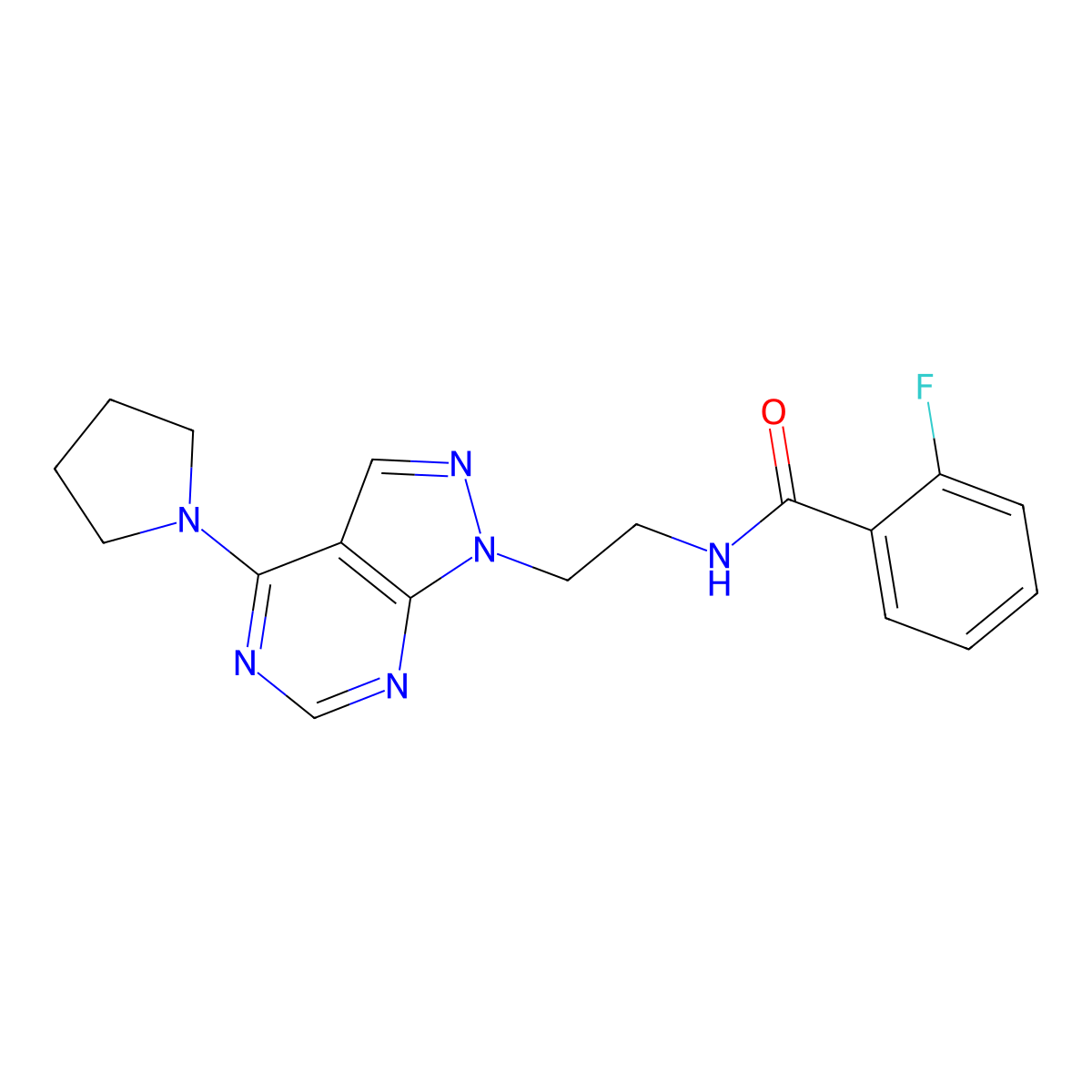 2-fluoro-N-(2-(4-(pyrrolidin-1-yl)-1H-pyrazolo[3,4-d]pyrimidin-1-yl)ethyl)benzamide molecular structure, CAS 1021025-44-4
