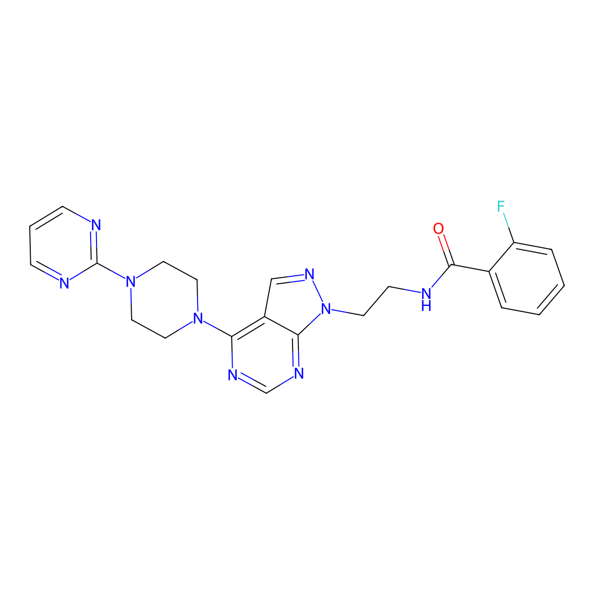 2-fluoro-N-(2-(4-(4-(pyrimidin-2-yl)piperazin-1-yl)-1H-pyrazolo[3,4-d]pyrimidin-1-yl)ethyl)benzamide molecular structure, CAS 1021025-46-6