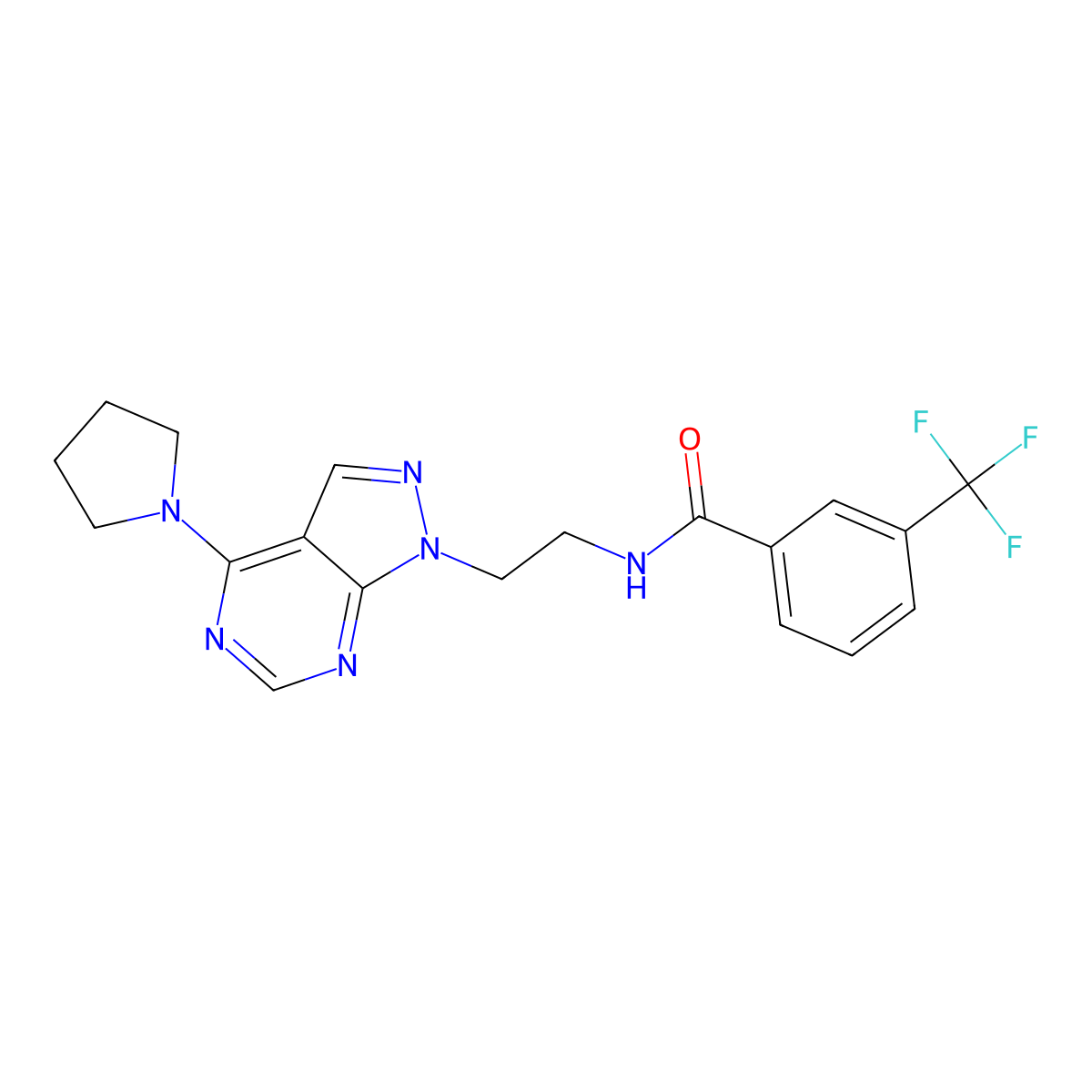 N-(2-(4-(pyrrolidin-1-yl)-1H-pyrazolo[3,4-d]pyrimidin-1-yl)ethyl)-3-(trifluoromethyl)benzamide molecular structure, CAS 1021025-48-8