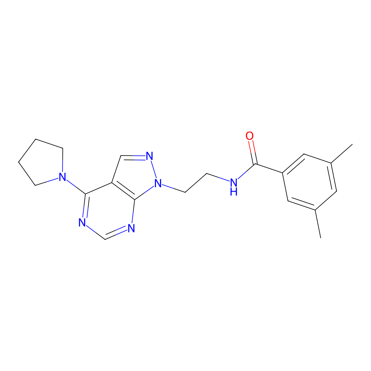 3,5-dimethyl-N-(2-(4-(pyrrolidin-1-yl)-1H-pyrazolo[3,4-d]pyrimidin-1-yl)ethyl)benzamide molecular structure, CAS 1021025-50-2