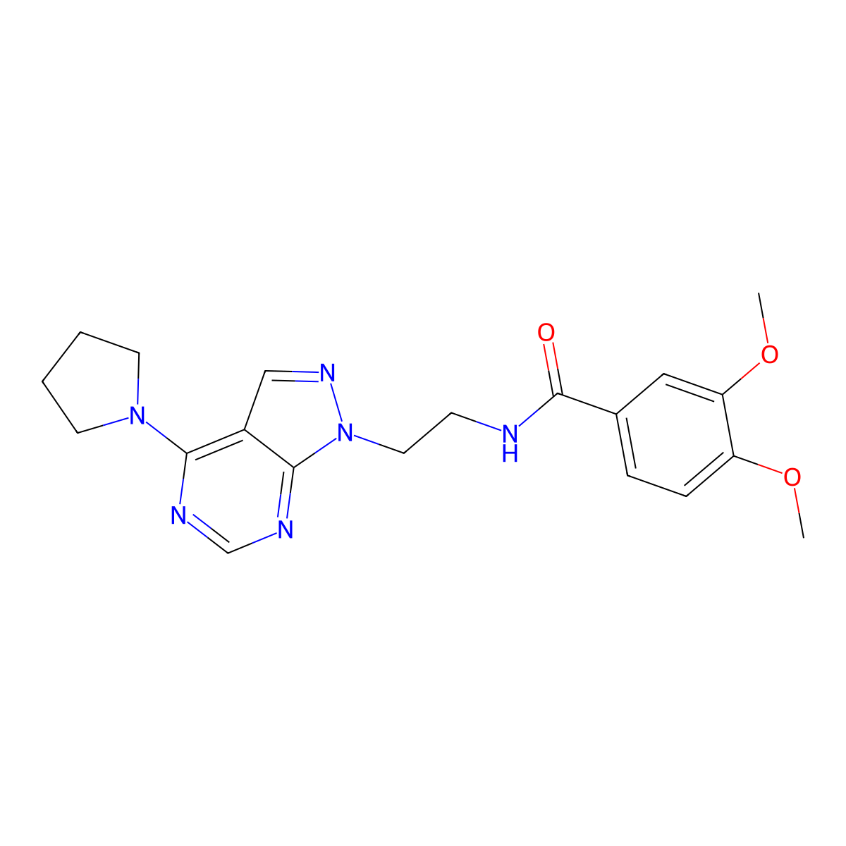 3,4-dimethoxy-N-(2-(4-(pyrrolidin-1-yl)-1H-pyrazolo[3,4-d]pyrimidin-1-yl)ethyl)benzamide molecular structure, CAS 1021025-52-4