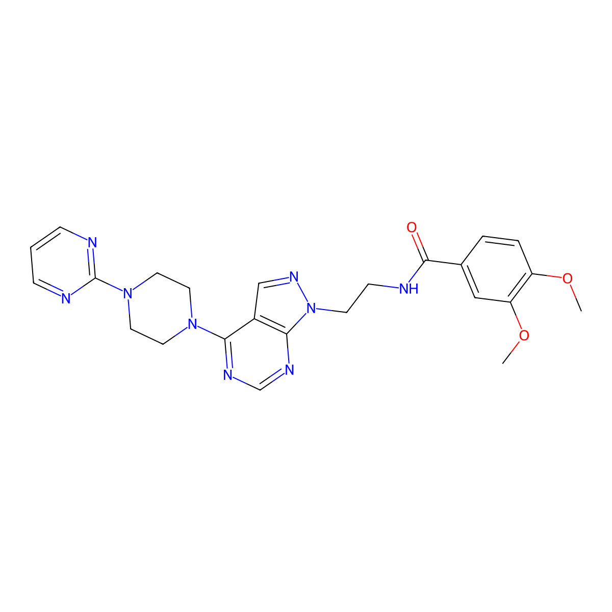 3,4-dimethoxy-N-(2-(4-(4-(pyrimidin-2-yl)piperazin-1-yl)-1H-pyrazolo[3,4-d]pyrimidin-1-yl)ethyl)benzamide molecular structure, CAS 1021025-54-6