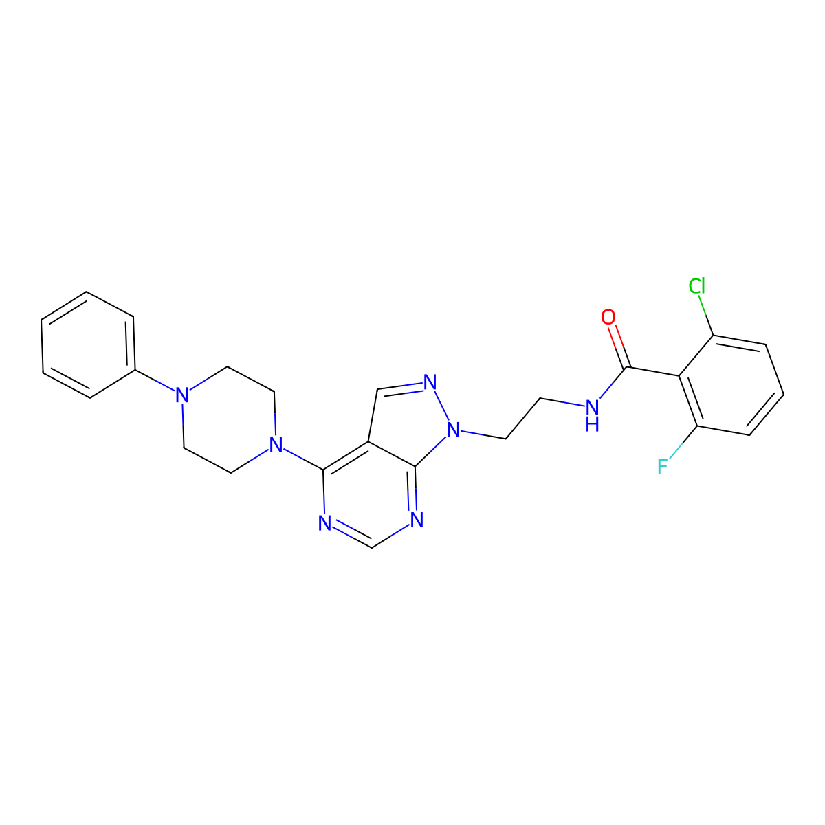 2-chloro-6-fluoro-N-(2-(4-(4-phenylpiperazin-1-yl)-1H-pyrazolo[3,4-d]pyrimidin-1-yl)ethyl)benzamide molecular structure, CAS 1021025-56-8