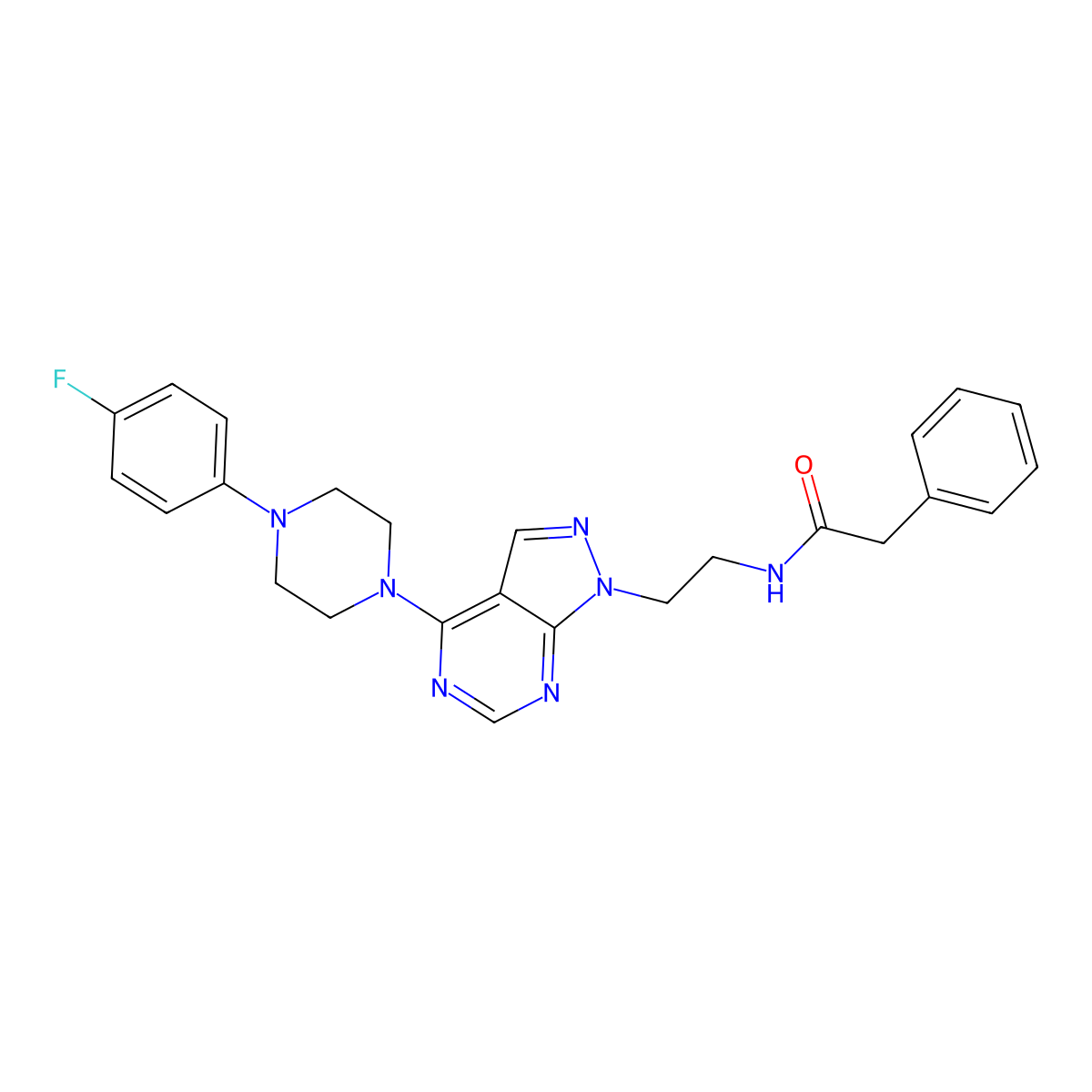 N-(2-(4-(4-(4-fluorophenyl)piperazin-1-yl)-1H-pyrazolo[3,4-d]pyrimidin-1-yl)ethyl)-2-phenylacetamide molecular structure, CAS 1021025-60-4