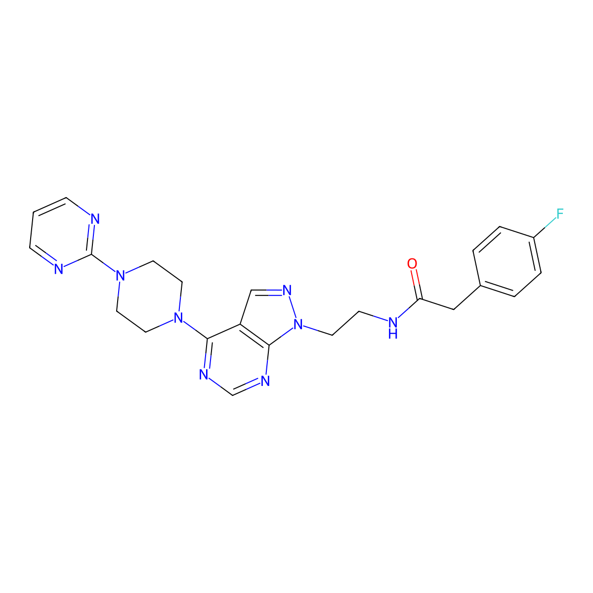 2-(4-fluorophenyl)-N-(2-(4-(4-(pyrimidin-2-yl)piperazin-1-yl)-1H-pyrazolo[3,4-d]pyrimidin-1-yl)ethyl)acetamide molecular structure, CAS 1021025-62-6