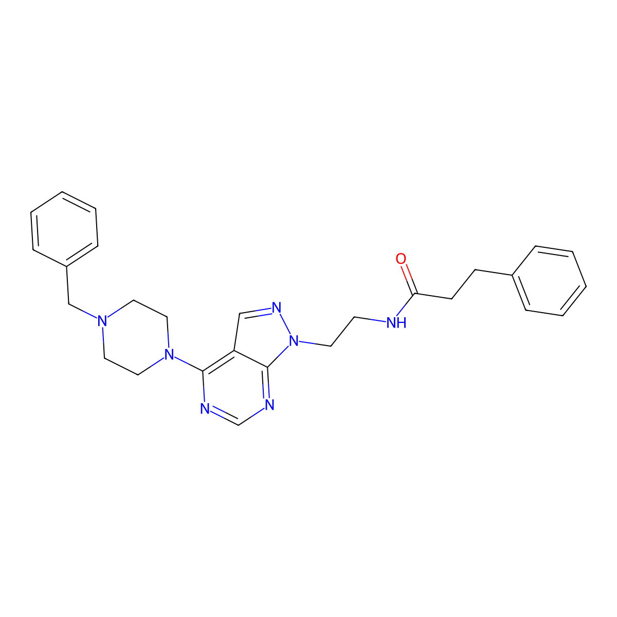 N-(2-(4-(4-benzylpiperazin-1-yl)-1H-pyrazolo[3,4-d]pyrimidin-1-yl)ethyl)-3-phenylpropanamide molecular structure, CAS 1021025-64-8