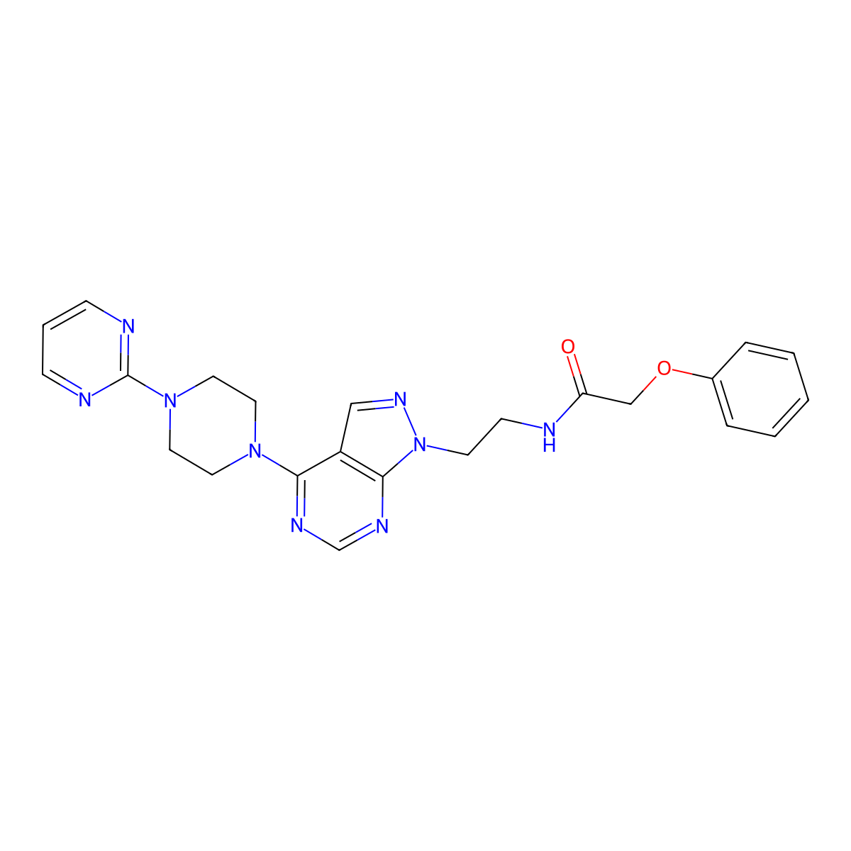 2-phenoxy-N-(2-(4-(4-(pyrimidin-2-yl)piperazin-1-yl)-1H-pyrazolo[3,4-d]pyrimidin-1-yl)ethyl)acetamide molecular structure, CAS 1021025-70-6