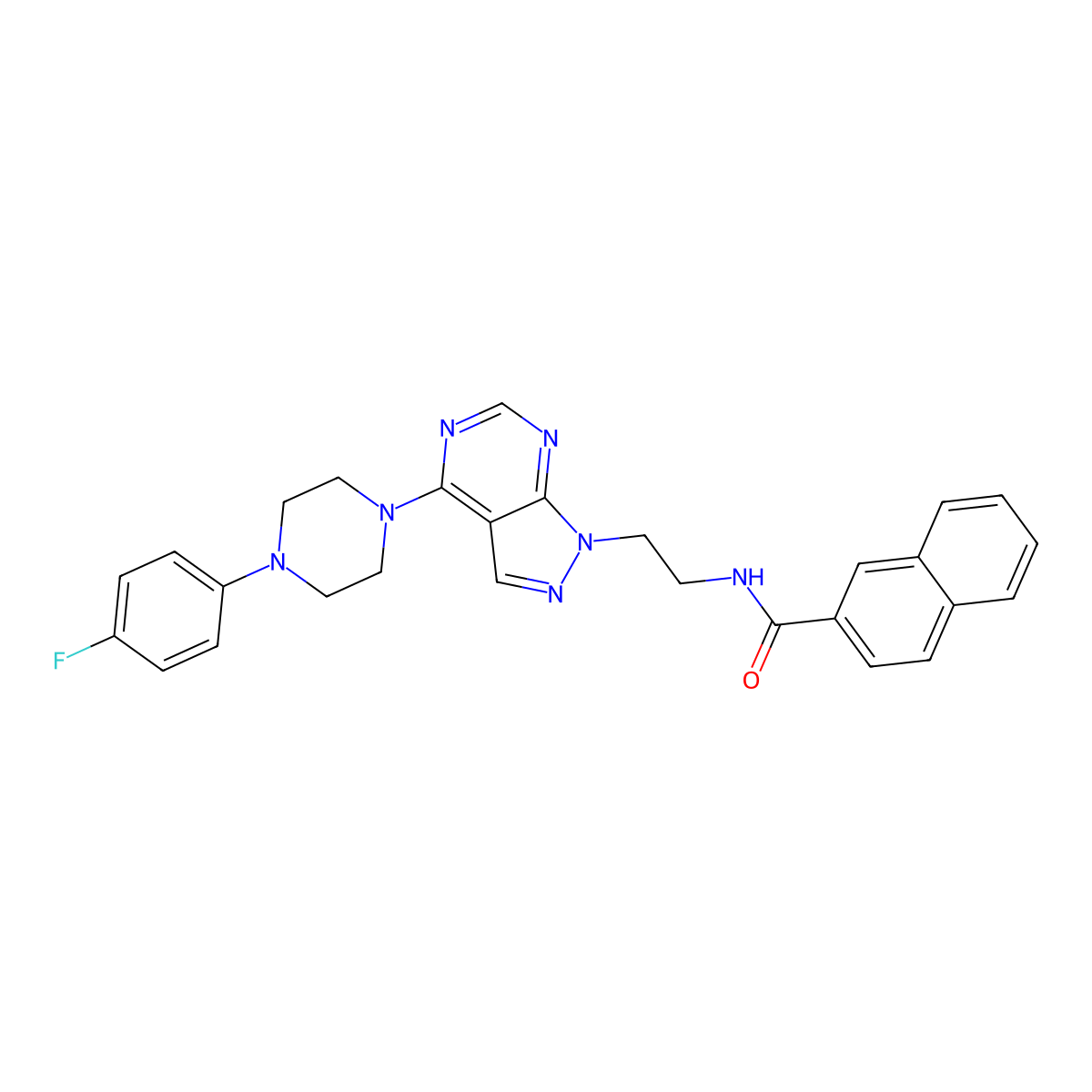 N-(2-(4-(4-(4-fluorophenyl)piperazin-1-yl)-1H-pyrazolo[3,4-d]pyrimidin-1-yl)ethyl)-2-naphthamide molecular structure, CAS 1021025-72-8