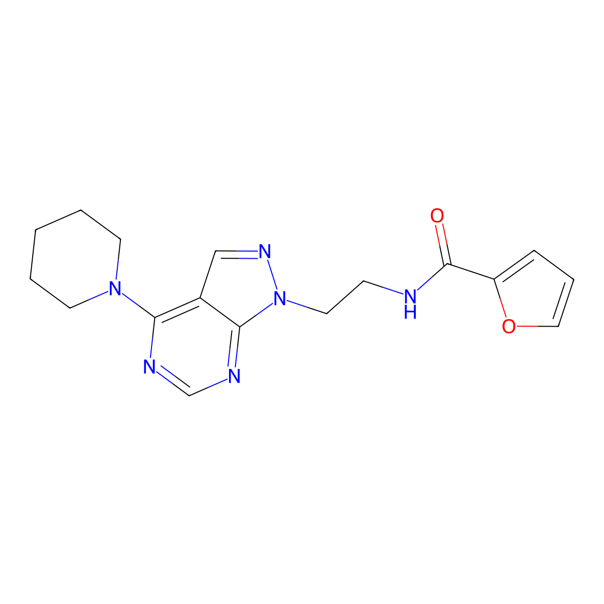 N-(2-(4-(piperidin-1-yl)-1H-pyrazolo[3,4-d]pyrimidin-1-yl)ethyl)furan-2-carboxamide molecular structure, CAS 1021025-74-0