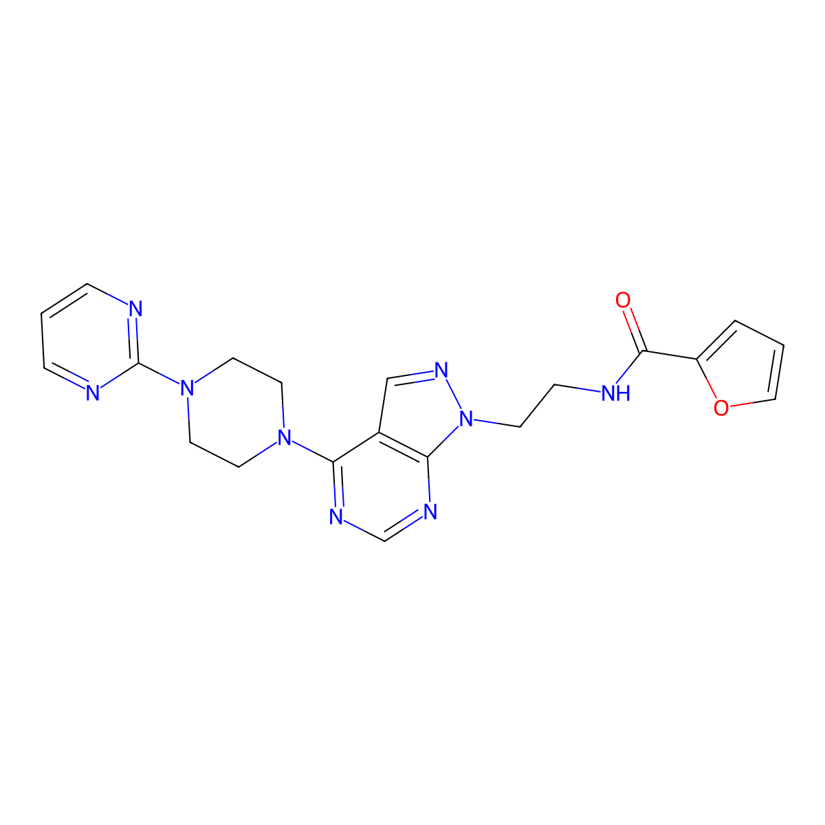 N-(2-(4-(4-(pyrimidin-2-yl)piperazin-1-yl)-1H-pyrazolo[3,4-d]pyrimidin-1-yl)ethyl)furan-2-carboxamide molecular structure, CAS 1021025-76-2