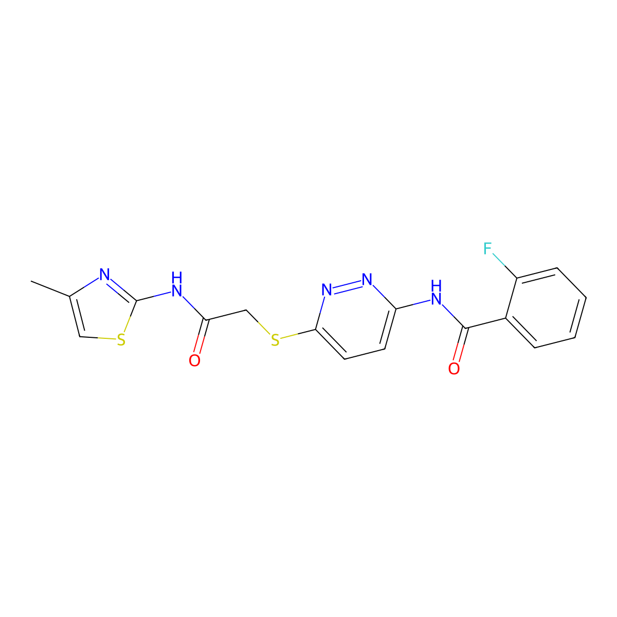 2-fluoro-N-(6-((2-((4-methylthiazol-2-yl)amino)-2-oxoethyl)thio)pyridazin-3-yl)benzamide molecular structure, CAS 1021025-81-9
