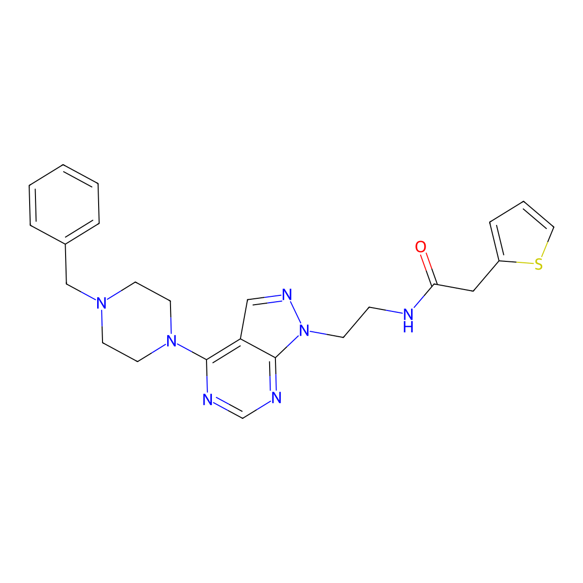 N-(2-(4-(4-benzylpiperazin-1-yl)-1H-pyrazolo[3,4-d]pyrimidin-1-yl)ethyl)-2-(thiophen-2-yl)acetamide molecular structure, CAS 1021025-88-6