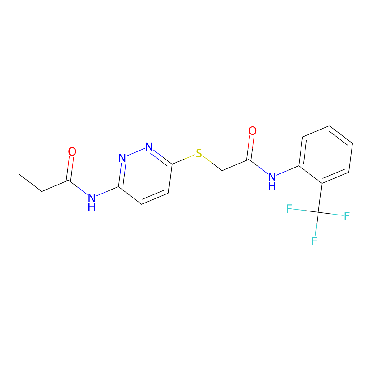 N-(6-((2-oxo-2-((2-(trifluoromethyl)phenyl)amino)ethyl)thio)pyridazin-3-yl)propionamide molecular structure, CAS 1021025-92-2