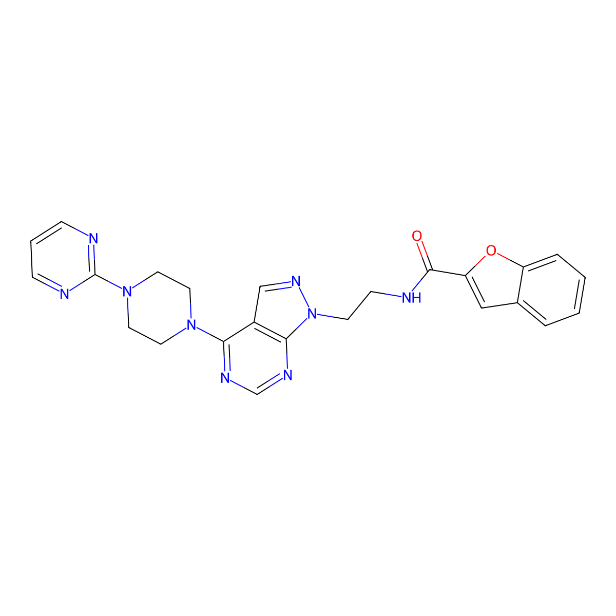 N-(2-(4-(4-(pyrimidin-2-yl)piperazin-1-yl)-1H-pyrazolo[3,4-d]pyrimidin-1-yl)ethyl)benzofuran-2-carboxamide molecular structure, CAS 1021025-93-3