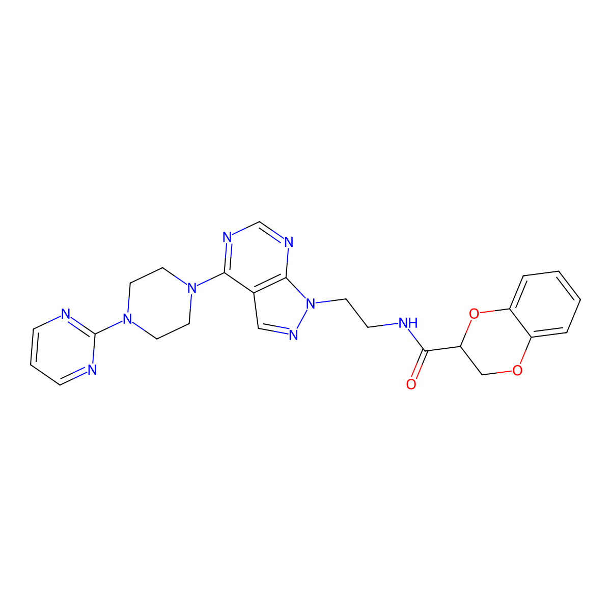 N-(2-(4-(4-(pyrimidin-2-yl)piperazin-1-yl)-1H-pyrazolo[3,4-d]pyrimidin-1-yl)ethyl)-2,3-dihydrobenzo[b][1,4]dioxine-2-carboxamide molecular structure, CAS 1021025-96-6